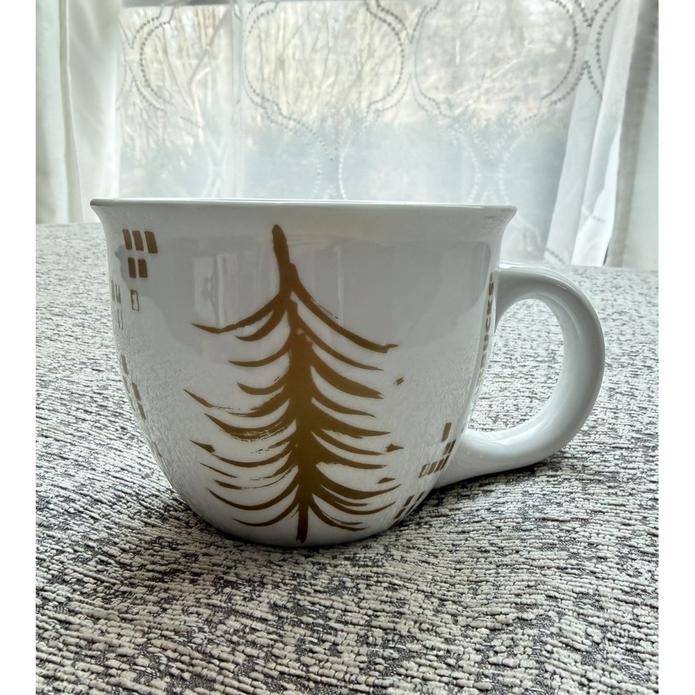 Starbucks White Gold Christmas Tree Coffee Mug 12oz Holiday Cup Collectible 2014